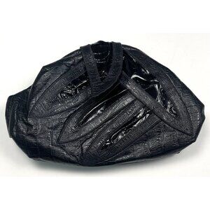 VTG 11"x7" Black Patchwork Embossed Crocodile & Patent LEATHER Clutch PURSE Bag